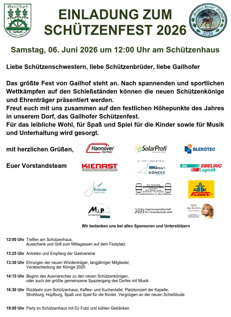 Einladung zum Schützenfest 2026 in Gailhof am Schützenhaus